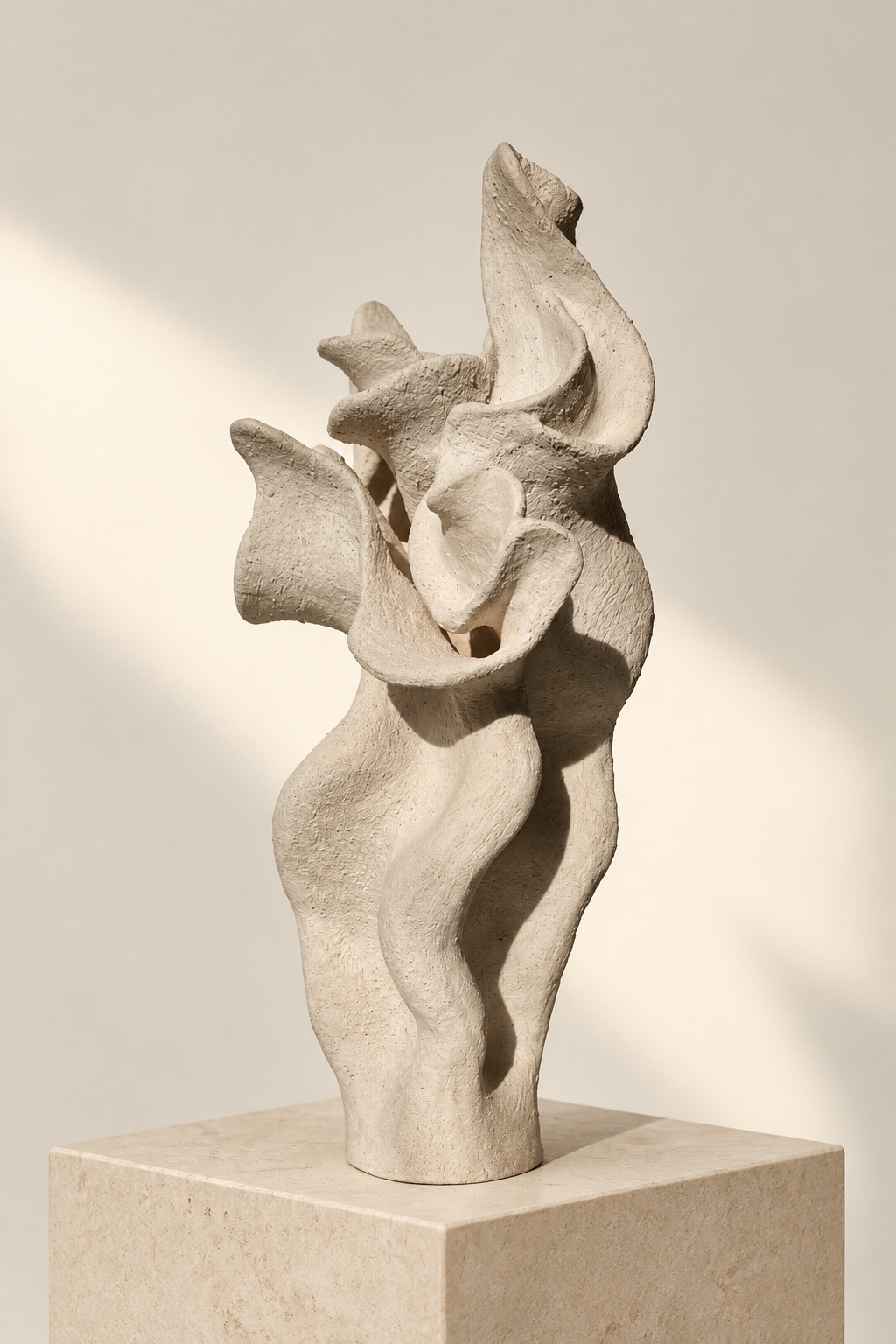 Sculpture on a limestone plinth with gentle background sunlight
